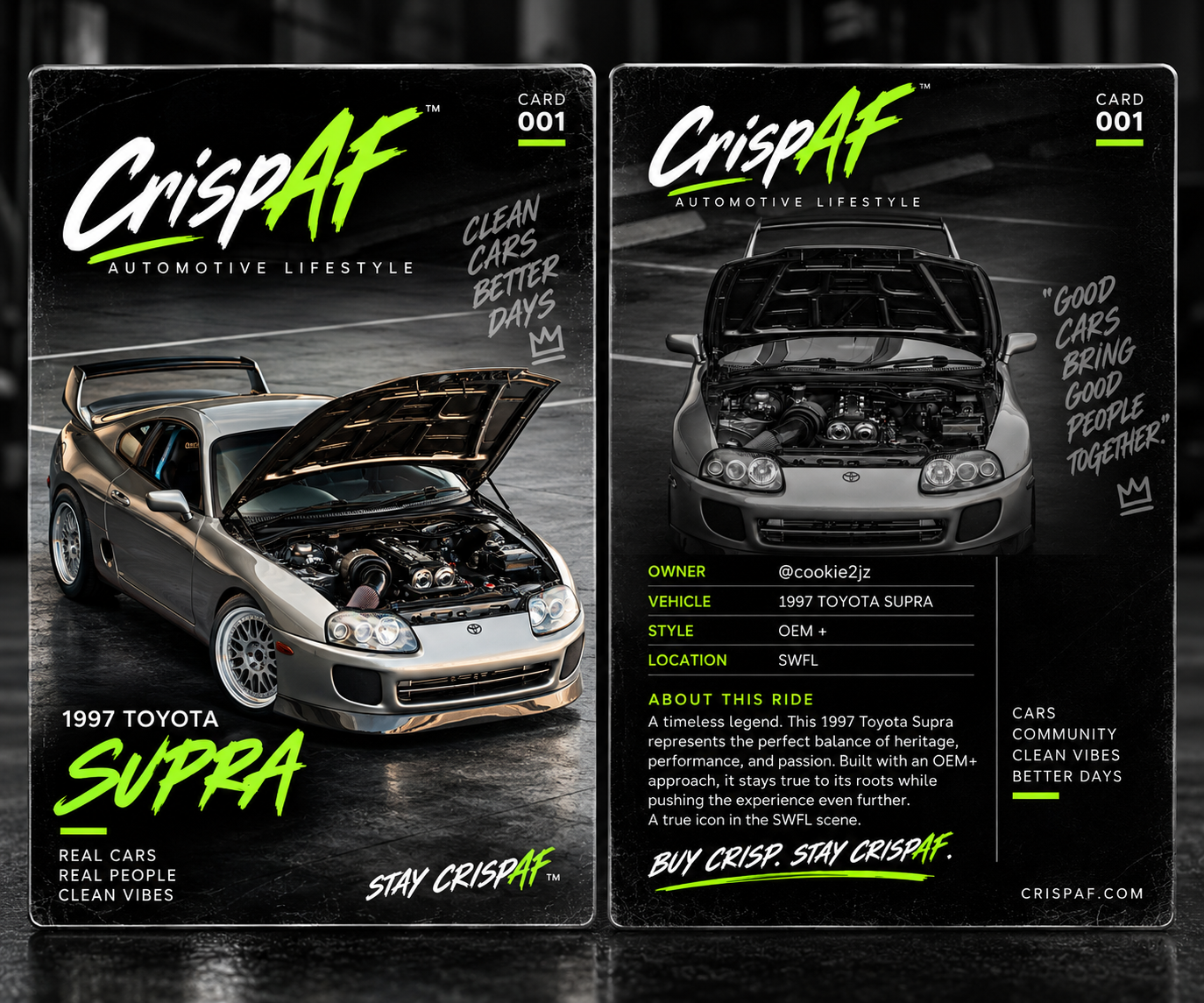 CrispAF community collectible featuring a 1997 Toyota Supra