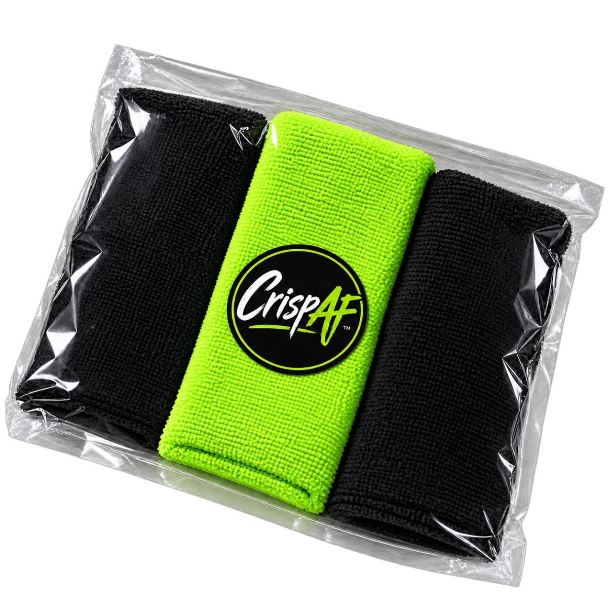 CrispAF Microfiber three-pack with two black and one acid green towel