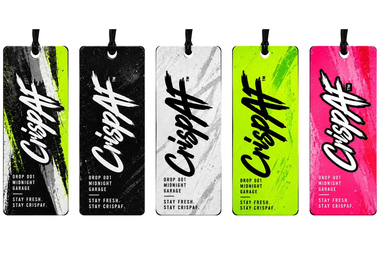 The five CrispAF hanging freshener designs included in the Signature Freshener 5-Pack