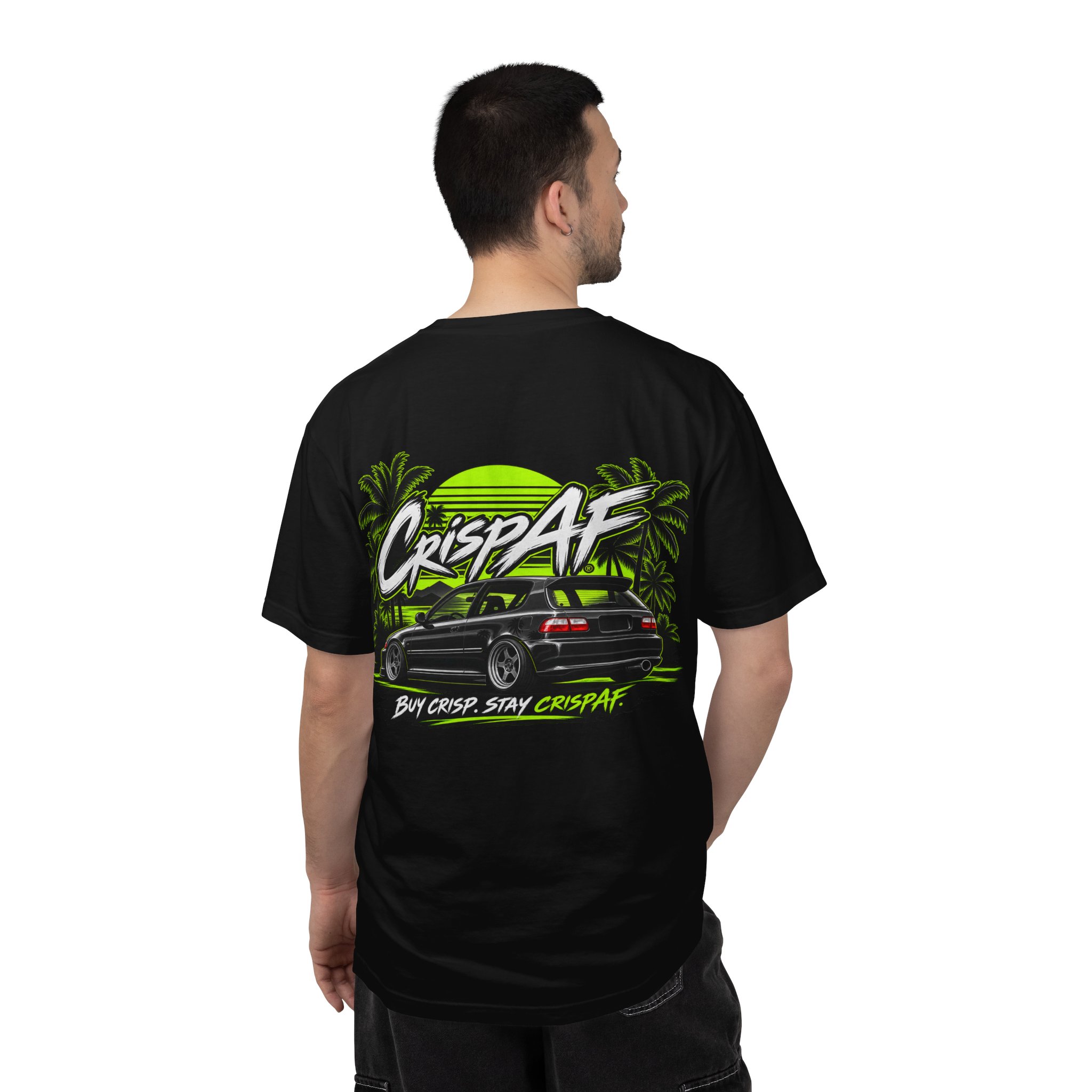 CrispAF Surf Van T-Shirt | Retro Palm Trees Neon Car Graphic - Image 9