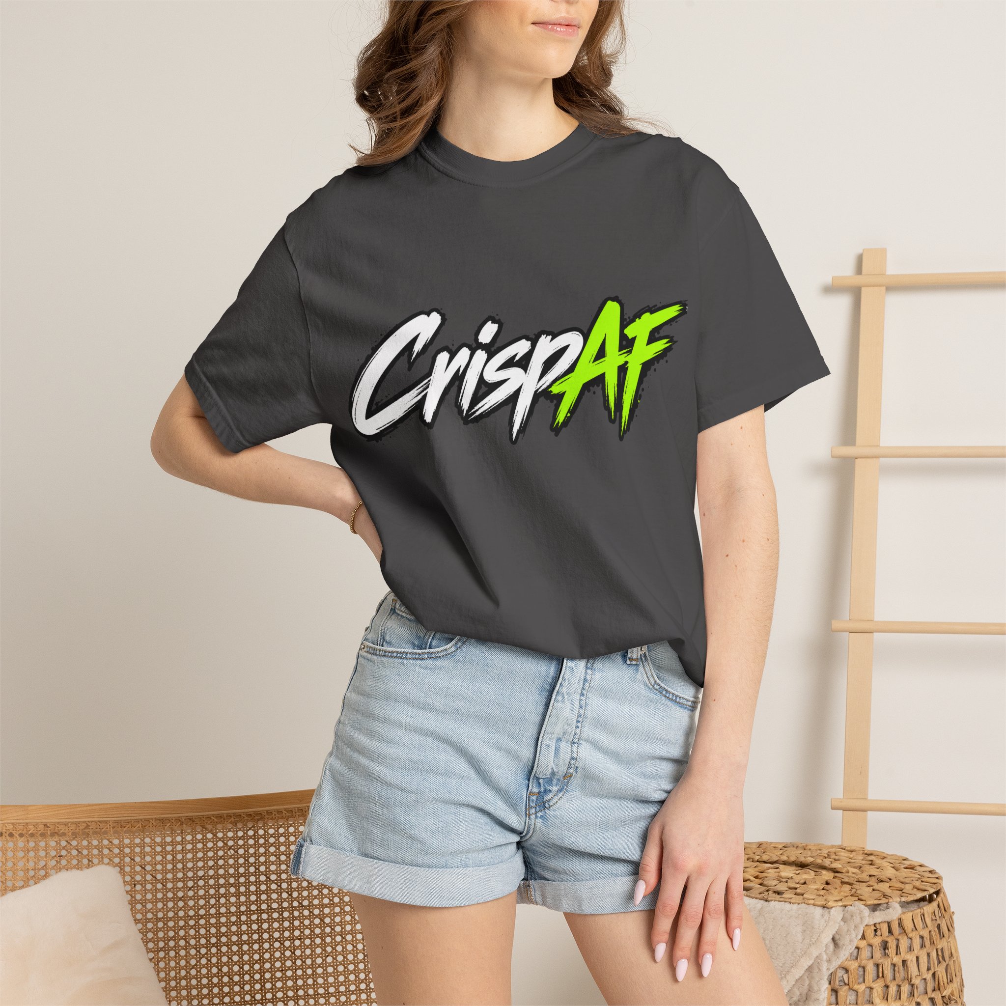 Crisp AF T-shirt | Graphic Text Tee, Neon Green Script on Charcoal - Image 4