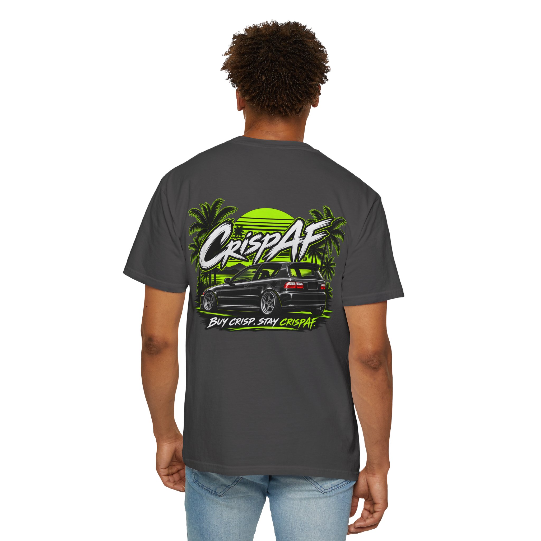 CrispAF Surf Van T-Shirt | Retro Palm Trees Neon Car Graphic - Image 5