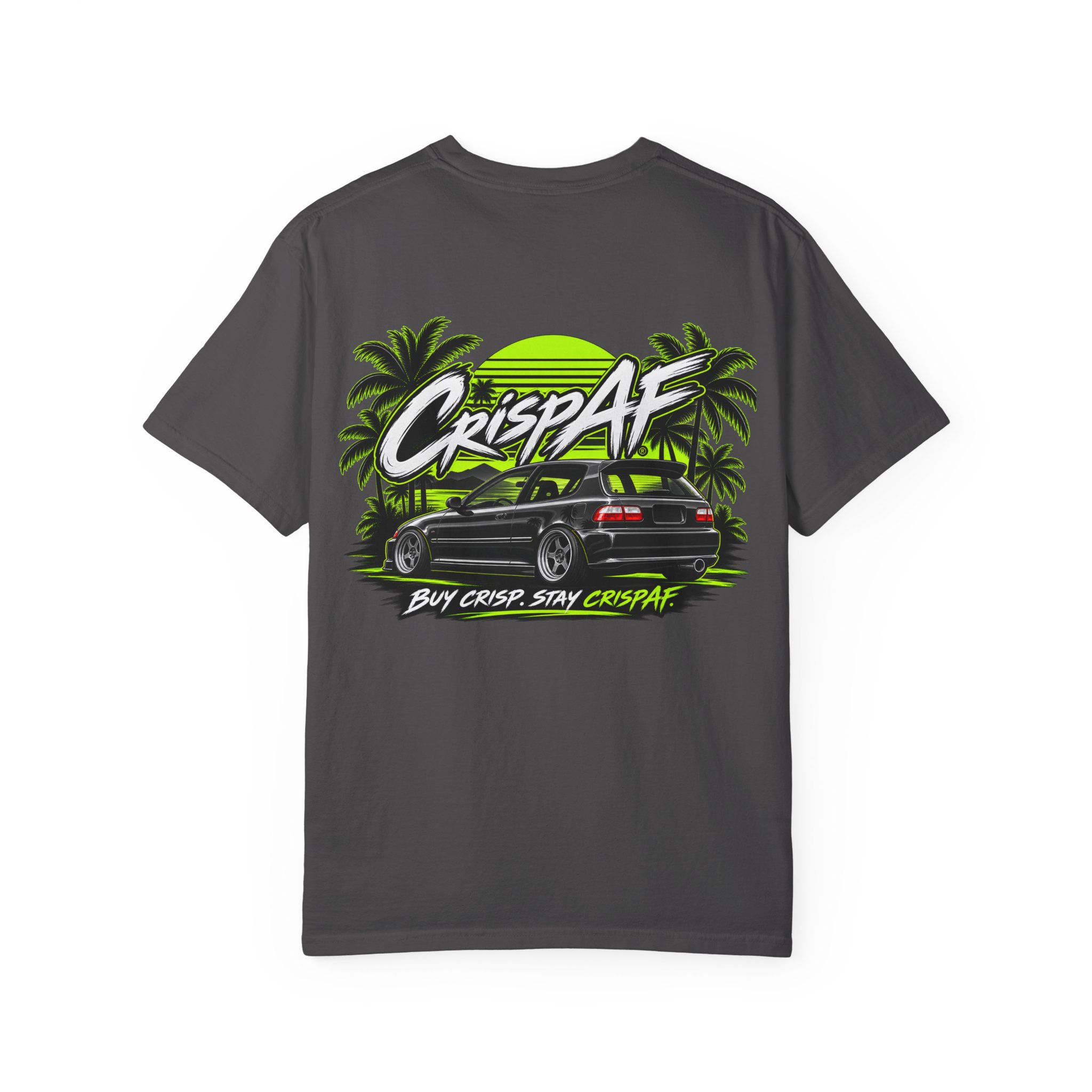 CrispAF Surf Van T-Shirt | Retro Palm Trees Neon Car Graphic