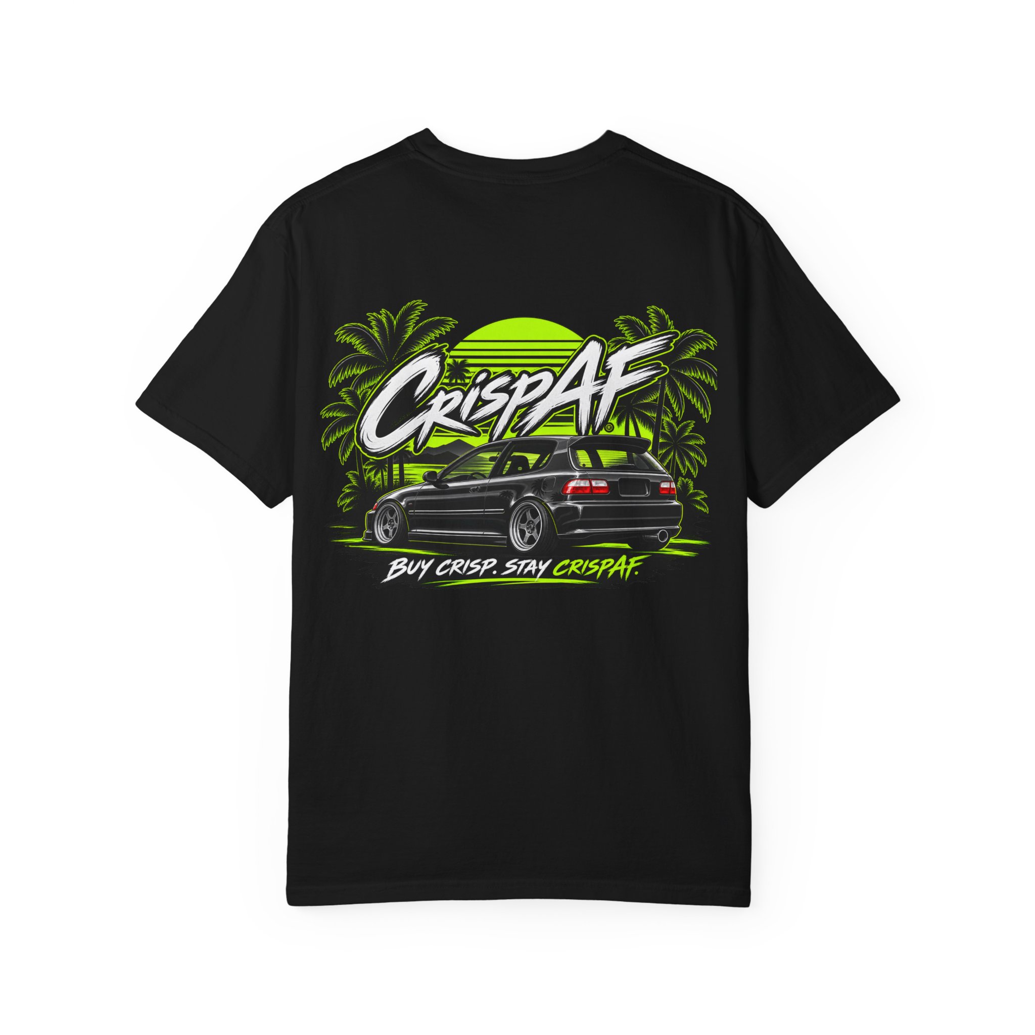 CrispAF Surf Van T-Shirt | Retro Palm Trees Neon Car Graphic - Image 7