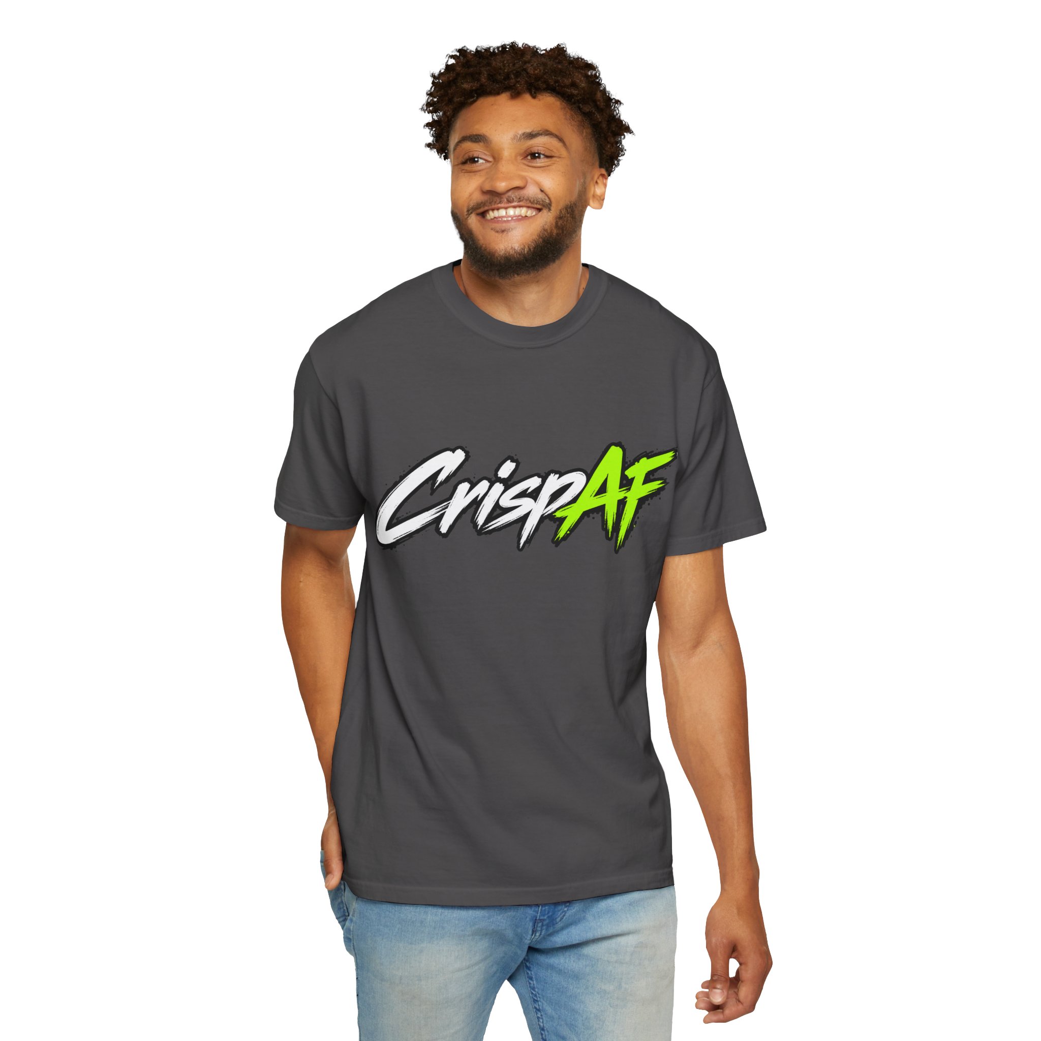 Crisp AF T-shirt | Graphic Text Tee, Neon Green Script on Charcoal - Image 5