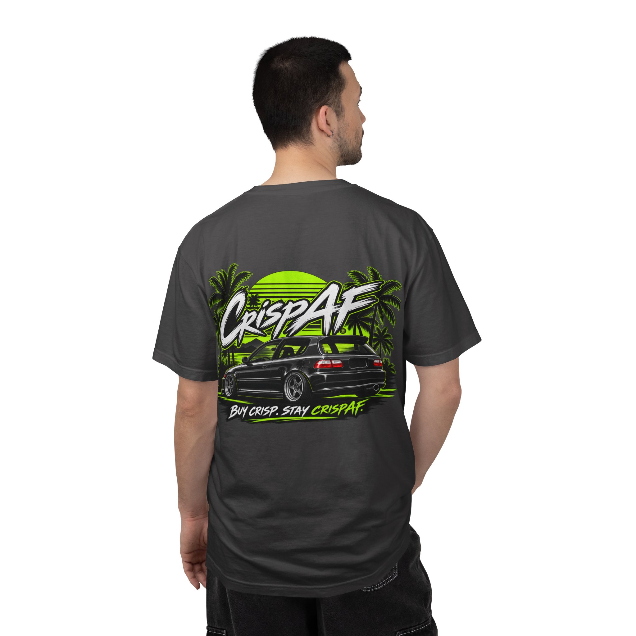 CrispAF Surf Van T-Shirt | Retro Palm Trees Neon Car Graphic - Image 4