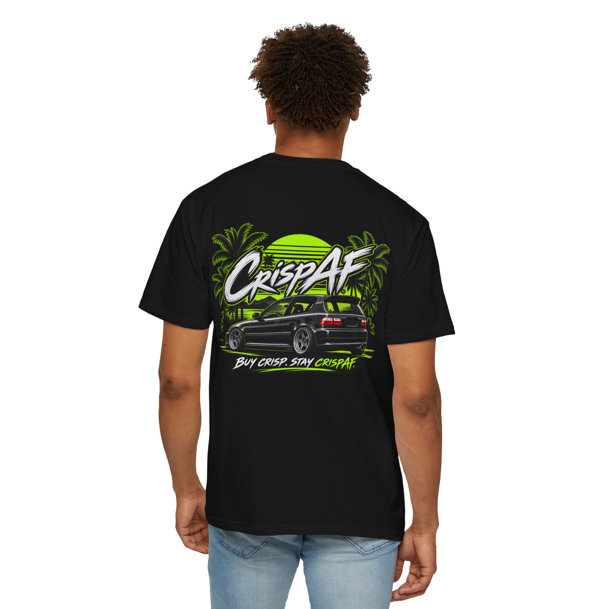 CrispAF Surf Van T-Shirt | Retro Palm Trees Neon Car Graphic - Image 10